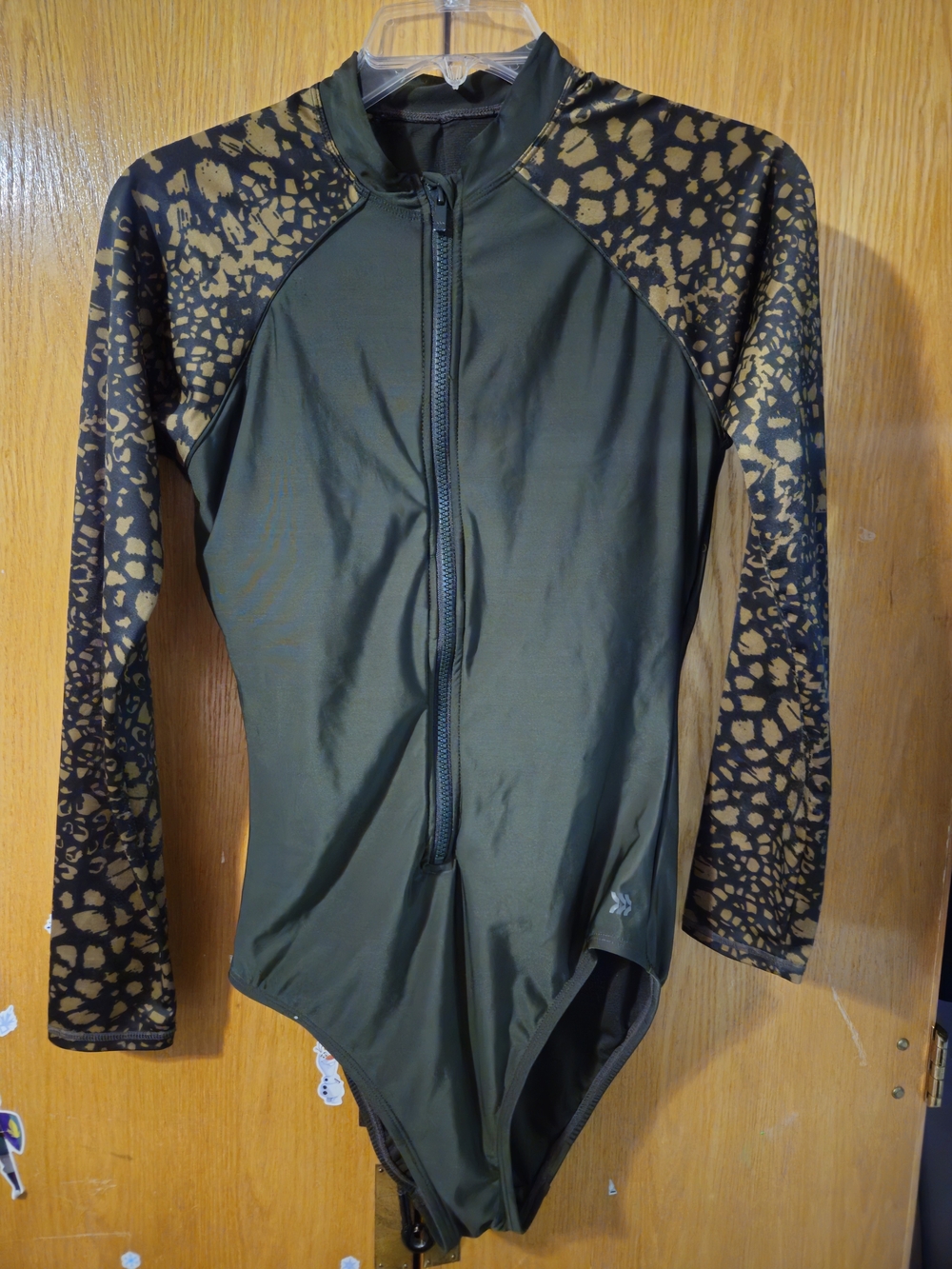 Women's Olive Green Long-Sleeve Zip Front Swim Suit